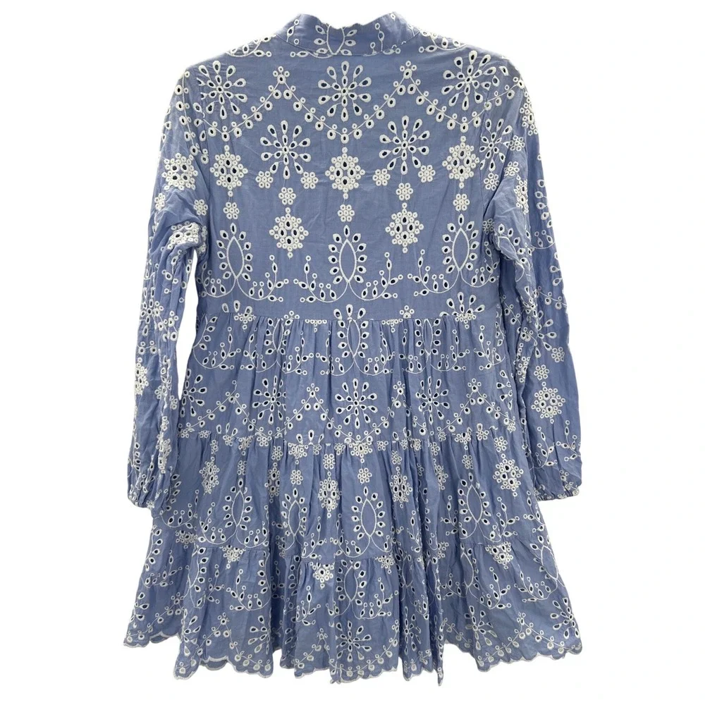 Sail to Sable STS Blue Eyelet Cotton Floral Tiered Mini Dress Small Preppy Party - Picture 3 of 8